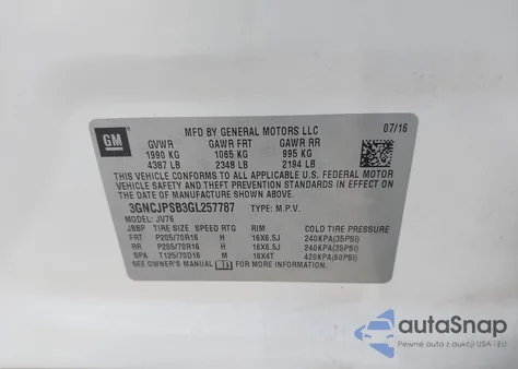 2016 Chevrolet Trax Lt из США, поврежденный, VIN 3GNCJPSB3GL257787